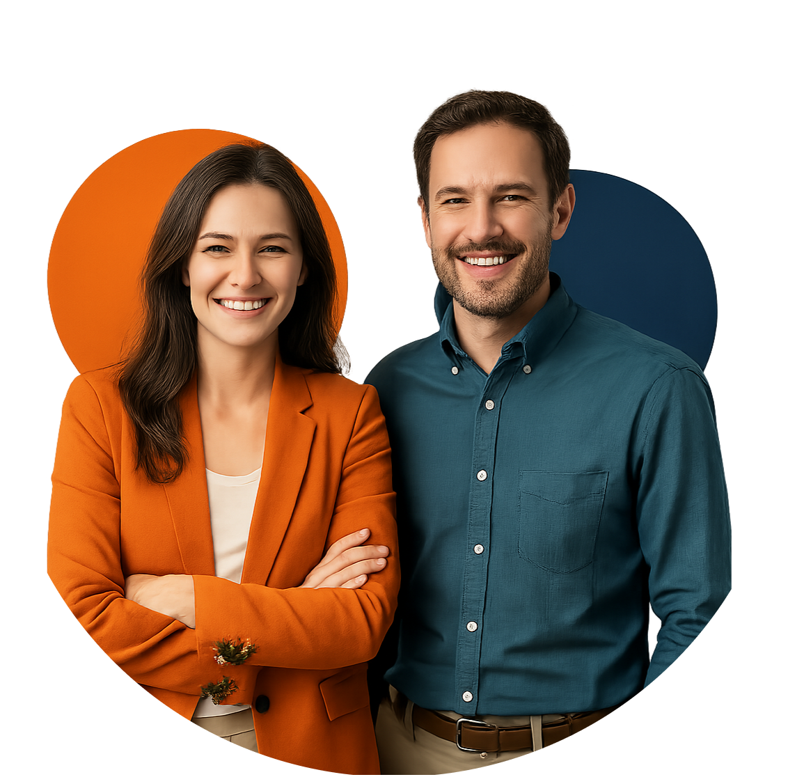 Mujer y hombre vestidos formal sonriendo
