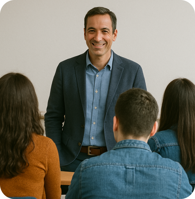Alumnos tomando clase con profesor en aula de clases