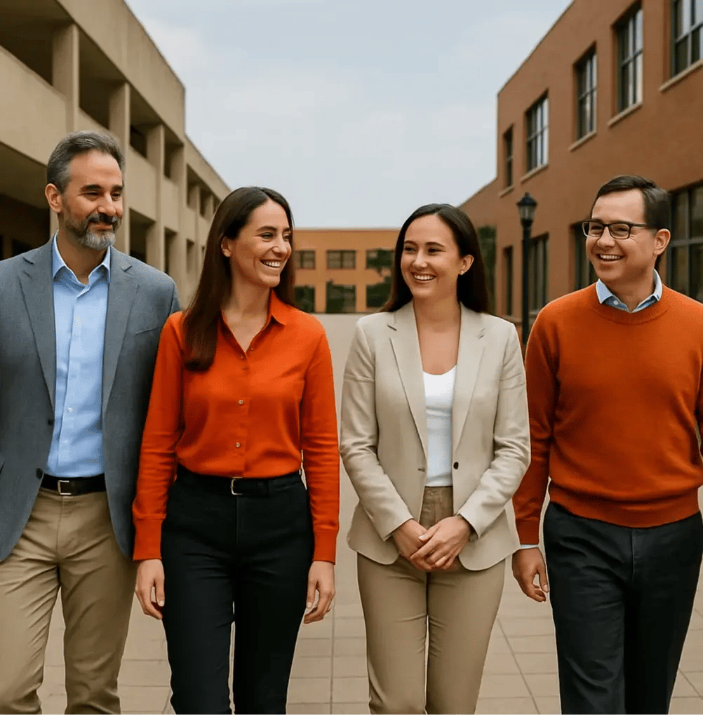 cuatro personas caminando por la universidad
