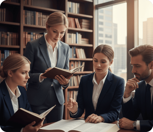 Grupo de especialistas en una reunión de negocios analizando datos en libros dentro de un entorno corporativo