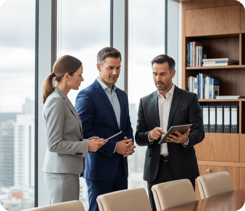 Grupo de profesionales en una reunión estratégica revisando datos en una tablet, destacando el networking y la formación ejecutiva de alta dirección en los posgrados Anáhuac.