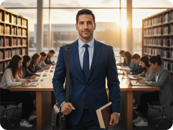 Hombre vestido de traje al fondo se observa una sala de juntas en una biblioteca con profesionistas en sus computadoras