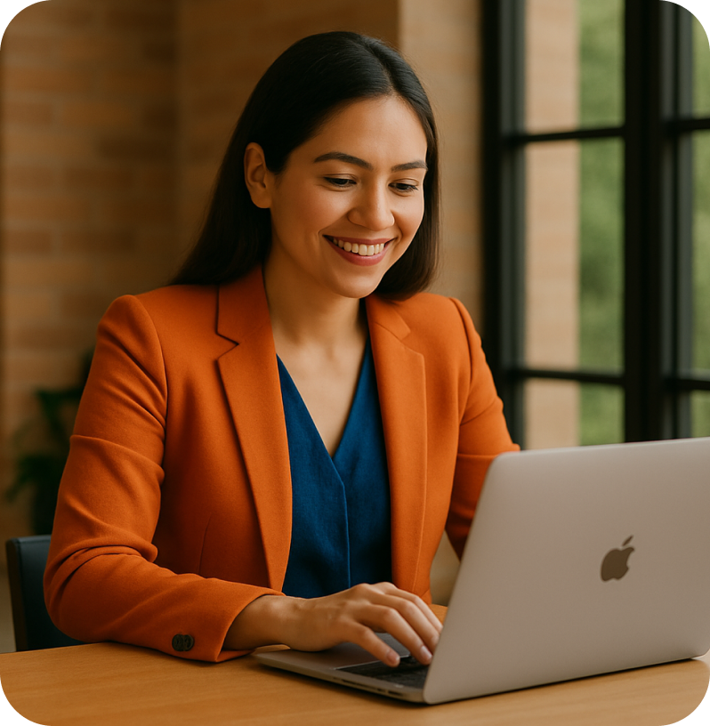 Mujer trabajando en su computadora desde casa