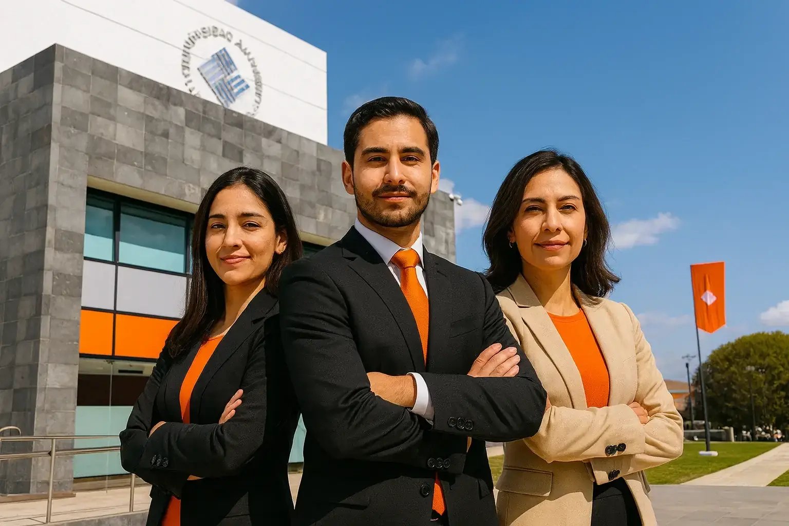 un alumno y dos alumnas con los brazos cruzados
