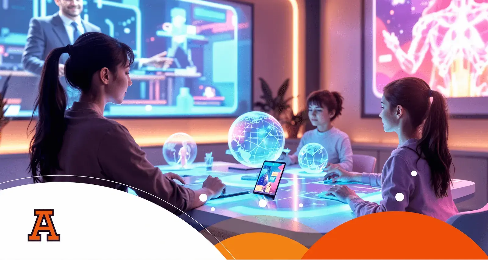 maestra con alumnos en salon de clases futurista 