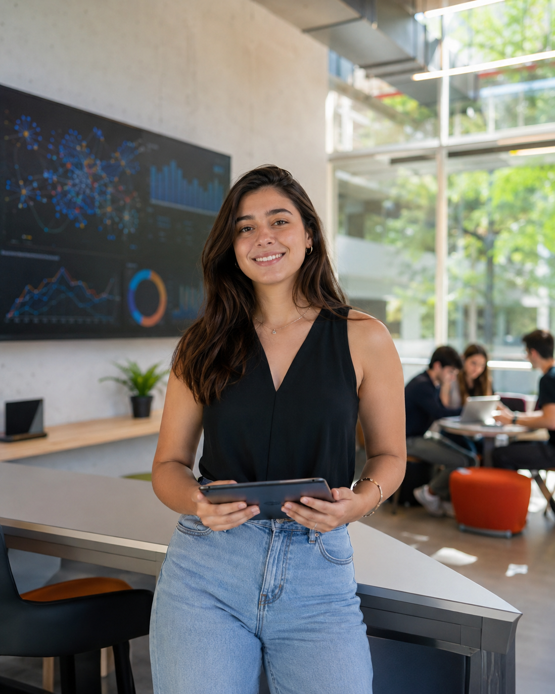 alumna de ciencia de datos sosteniendo una tableta