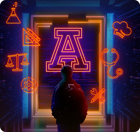 Alumno entrando a la Anáhuac Puebla con animaciones de las licenciaturas alrededor